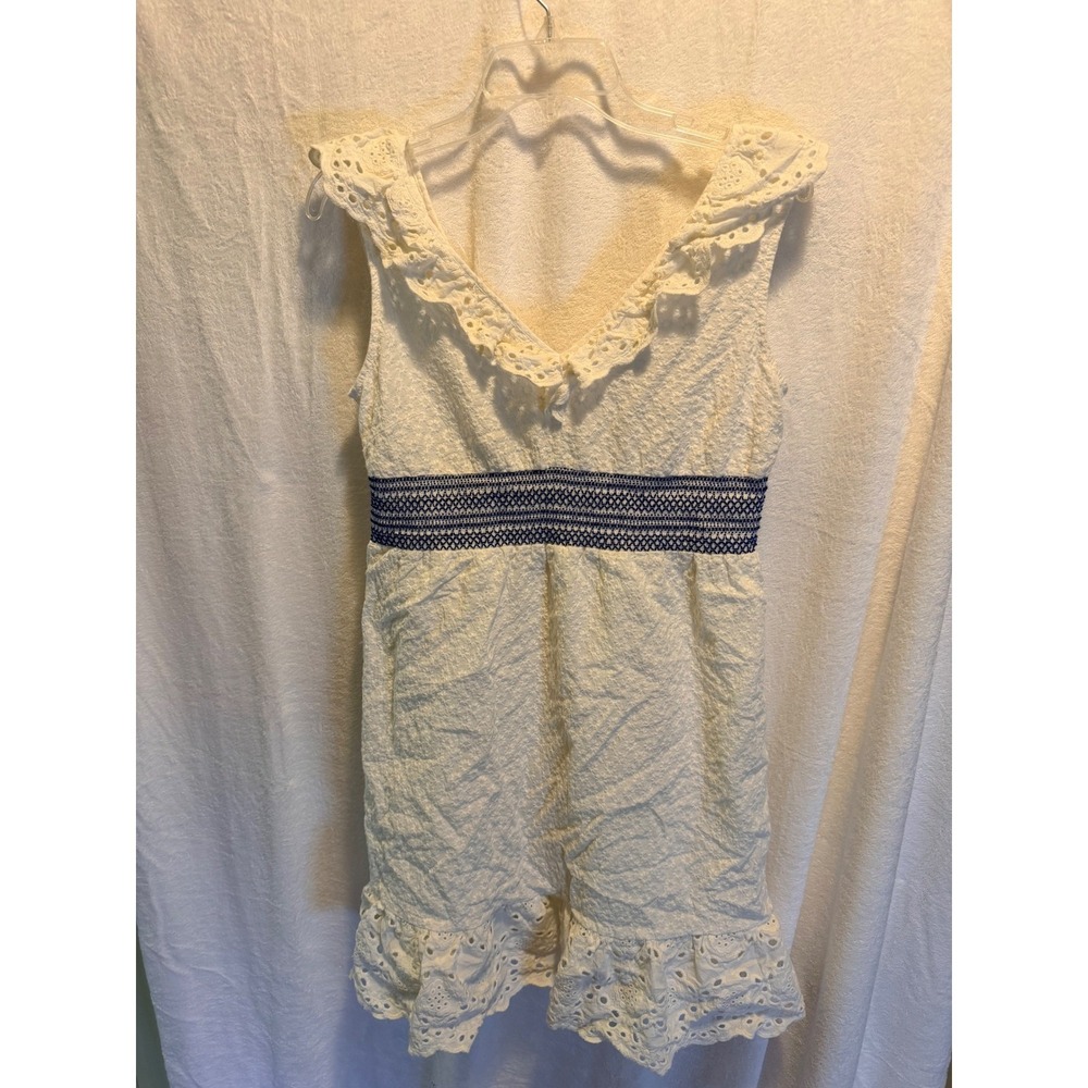 Wrangler Womens White Cotton Eyelet Ruffle Mini Dress Blue Smocked Waist Size M